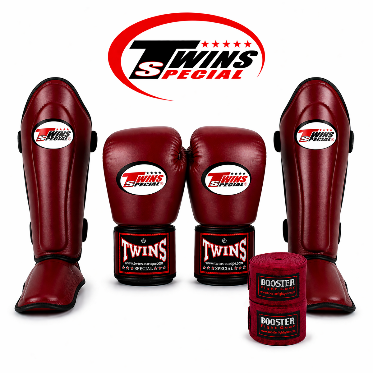 Twins Special Pack de combat Bordeaux rouge gants de boxe protège-tibias bandes de boxe