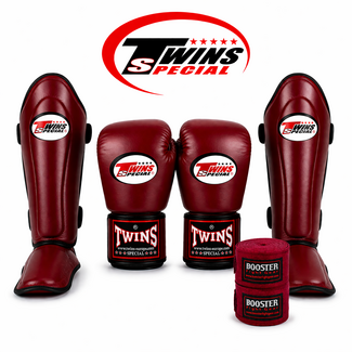 Twins Special Fightset Bordeaux Rood Bokshandschoenen Scheenbeschermers Bandage