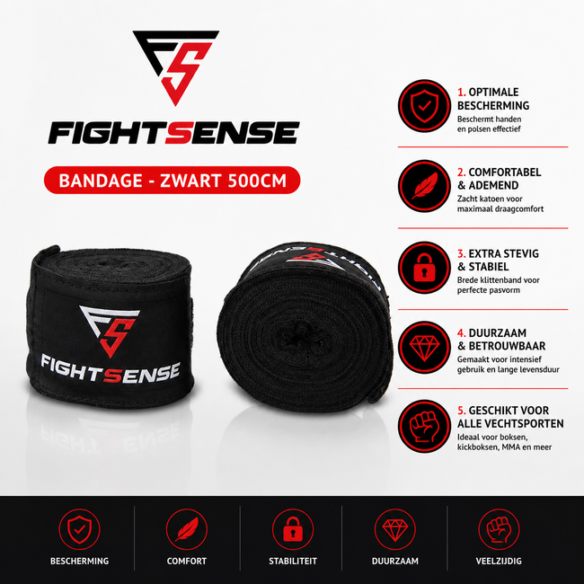 Fightsense FightSense Bandages 500 cm – Zwart – Katoen met Klittenbandsluiting