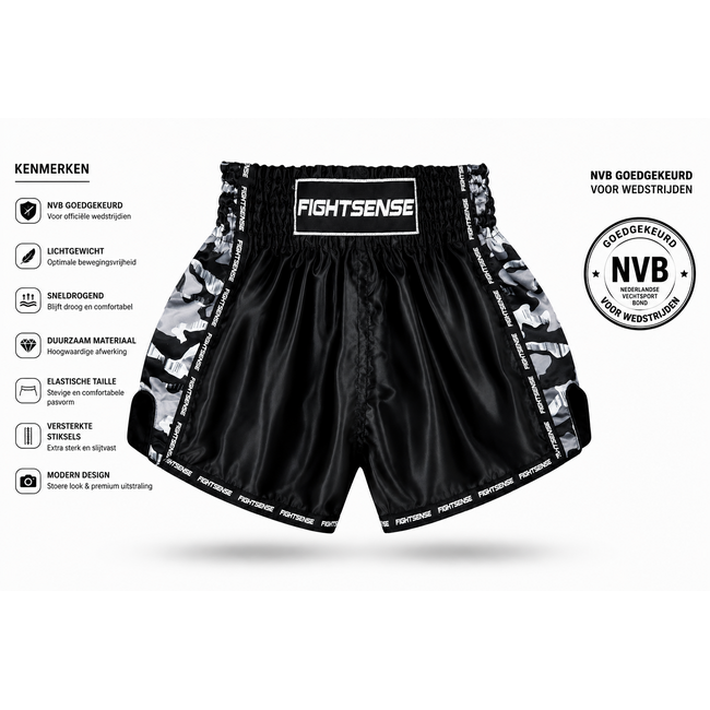 Fightsense Muay Thai Short V2 – Black/Grey – Fightshort voor vechtsport en training