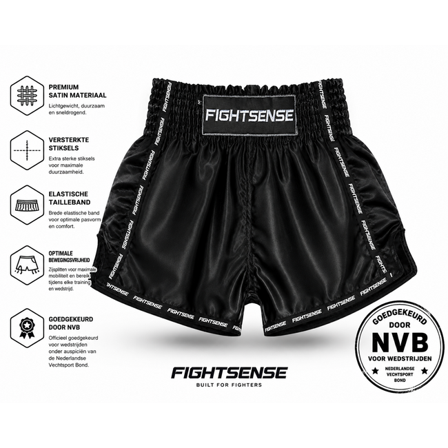 Fightsense Muay Thai Short V2 – Black/Black – Fightshort voor vechtsport en training