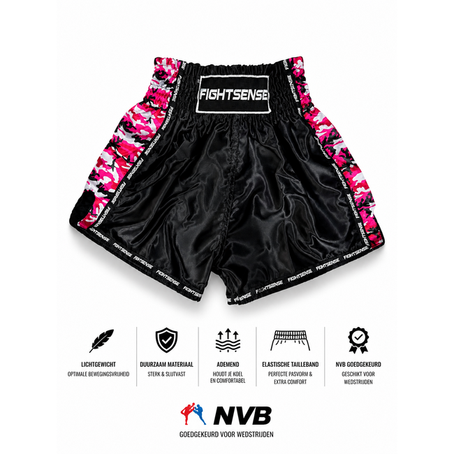 Fightsense Muay Thai Short V2 – Camo Pink – Fightshort voor vechtsport en training
