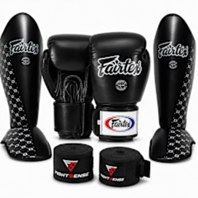 FAIRTEX Fairtex Fightset Zwart – Bokshandschoenen & Scheenbeschermers – Complete Set voor Muay Thai & Kickboksen
