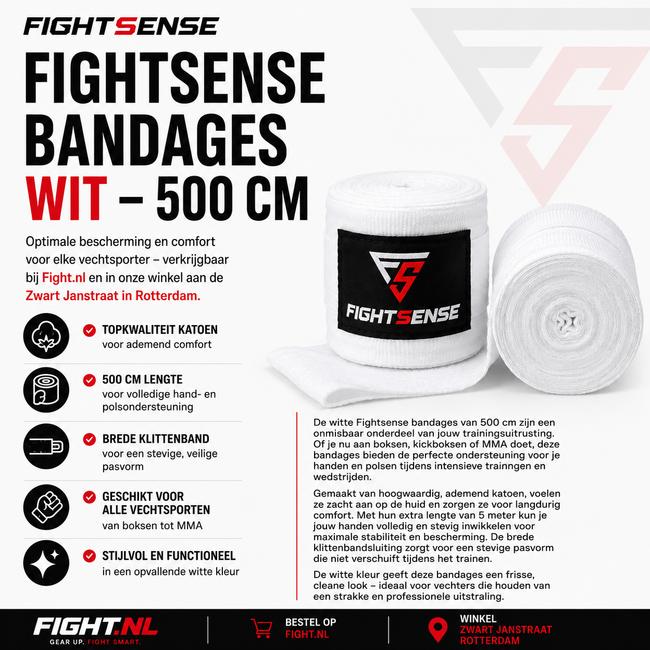 Fightsense bandages – WIT 500cm – Boksbandages voor vechtsport en training