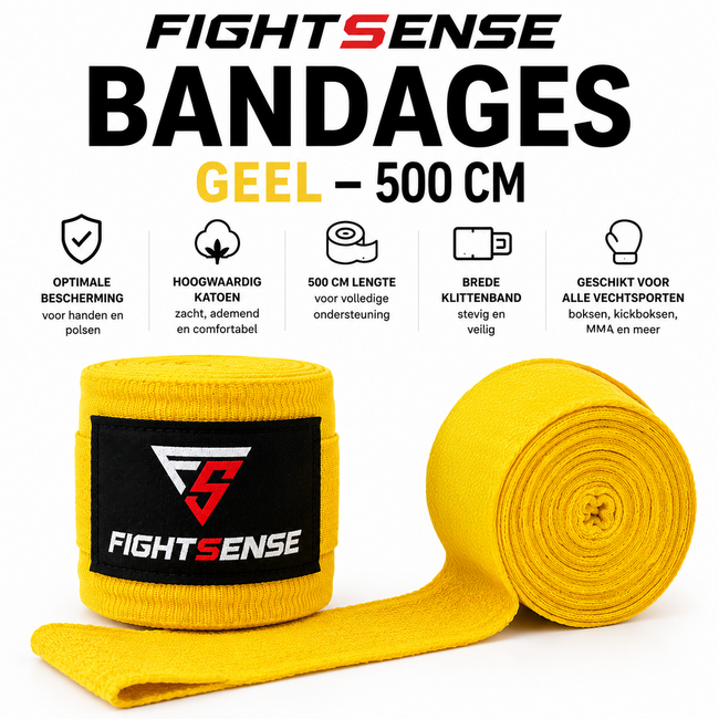 Fightsense bandages – GEEL 500cm – Boksbandages voor vechtsport en training