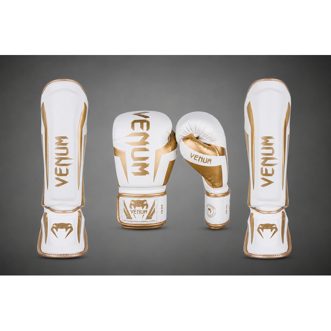 Venum ELITE Fightset – Bokshandschoenen & Scheenbeschermers – WIT/GOUD