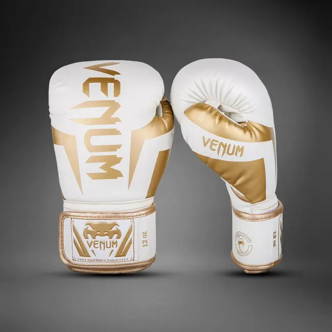 Venum ELITE Fightset – Bokshandschoenen & Scheenbeschermers – WIT/GOUD