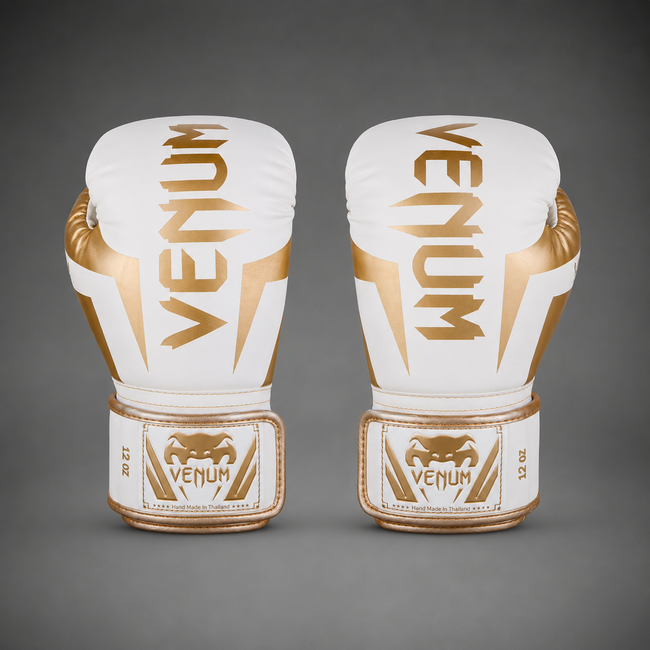 Venum ELITE Fightset – Bokshandschoenen & Scheenbeschermers – WIT/GOUD