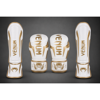 Venum ELITE Fightset – Bokshandschoenen & Scheenbeschermers – WIT/GOUD
