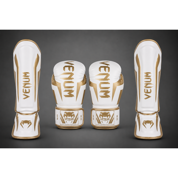 Venum ELITE Fightset – Boxhandschuhe und Schienbeinschoner – WEISS/GOLD