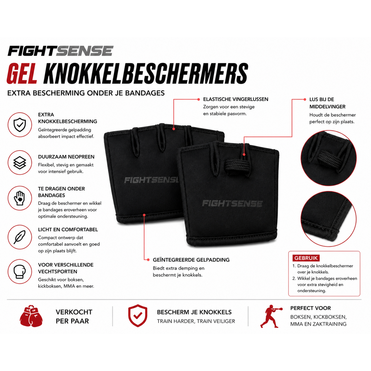 Fightsense Neopreen Gel sous-gants – protection des articulations – avec Memory Gel Padding