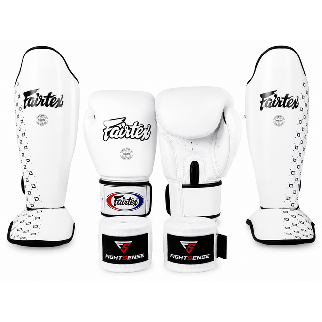 FAIRTEX Fairtex Fightset – Wit – BGV1 Bokshandschoenen, SP5 Scheenbeschermers & FightSense Bandages