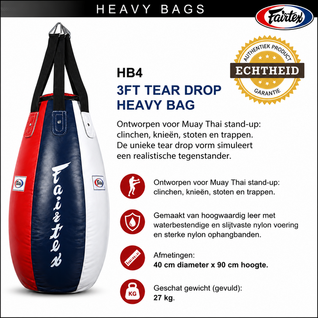 FAIRTEX HB4 Tear Drop Heavy Bag – Blauw/Wit/Rood – Gevuld