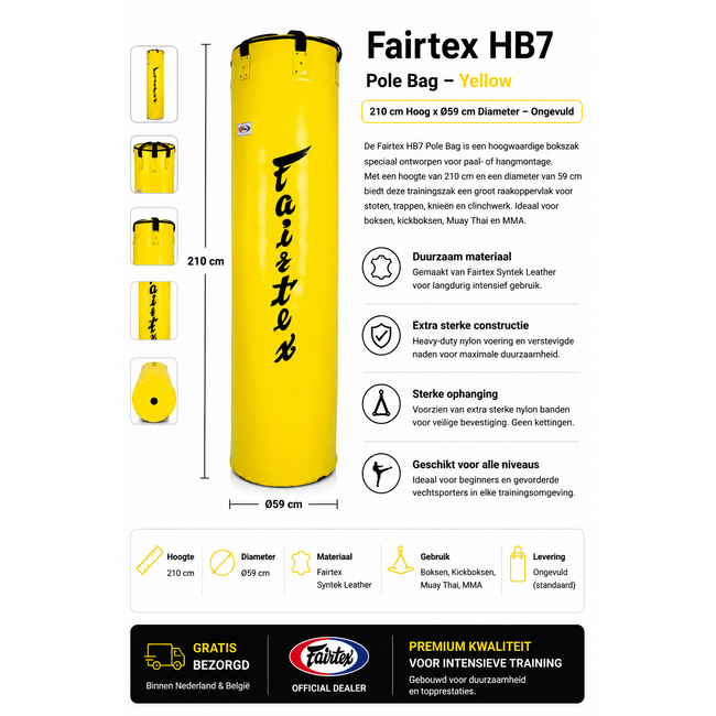 FAIRTEX HB7 7FT Pole Bag – Geel – Gevuld – 210 × 45 cm