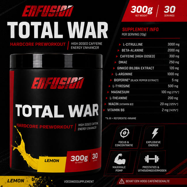 ENFUSION Enfusion Total War Pre-Workout – Lemon – Hooggedoseerde Formule met 300 mg Cafeïne per Serving