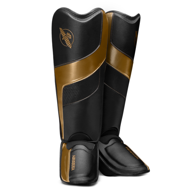 Hayabusa T3 Full-Back Scheenbeschermers – Zwart/Goud – Comfortabel – Kickboksen & Muay Thai
