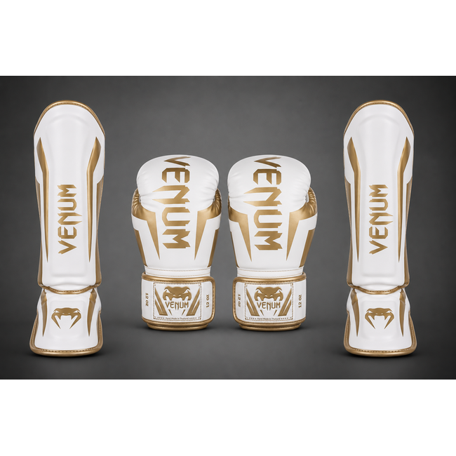 Venum ELITE Fightset – Bokshandschoenen & Scheenbeschermers – WIT/GOUD