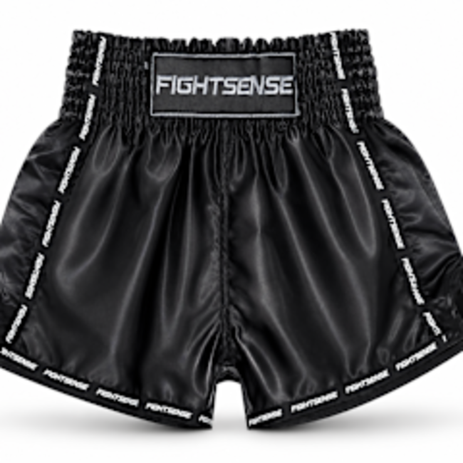 Fightsense Muay Thai Short V2 – Black/Black – Fightshort voor vechtsport en training