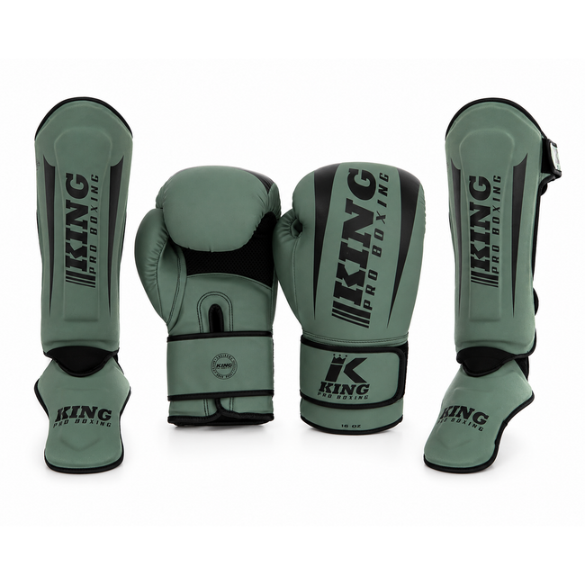 King Pro Boxing King Pro Boxing REVO 5 Kickboksset – Bokshandschoenen en Scheenbeschermers – Military Green