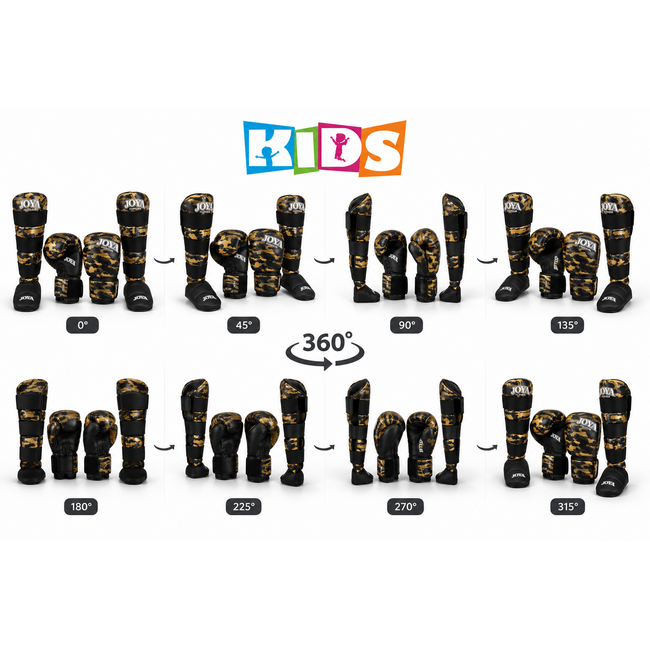 JOYA Camo V2 Kickboksset voor Kinderen – Bokshandschoenen en Scheenbeschermers – Goud/Zwart