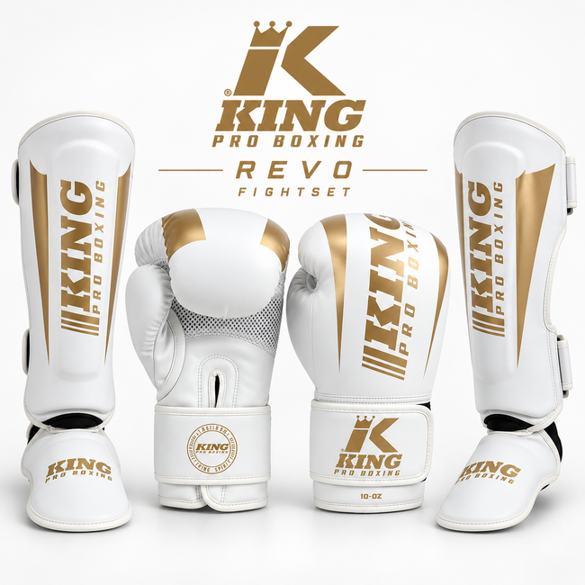King Pro Boxing King Pro Boxing REVO Kickboksset – Bokshandschoenen en Scheenbeschermers – Wit/Goud
