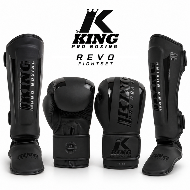 King Pro Boxing King Pro Boxing REVO Kickboksset – Bokshandschoenen en Scheenbeschermers – Black on Black