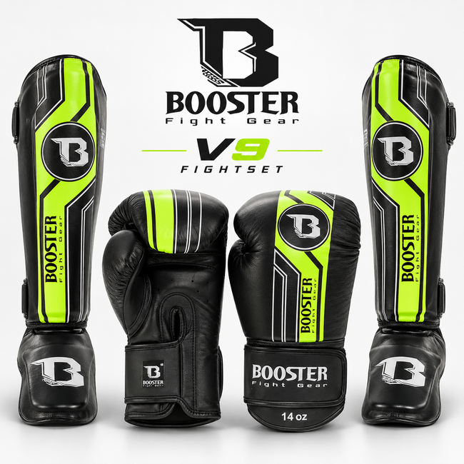 Booster Fightgear V9 Kickboksset Zwart/Geel – Bokshandschoenen & Scheenbeschermers