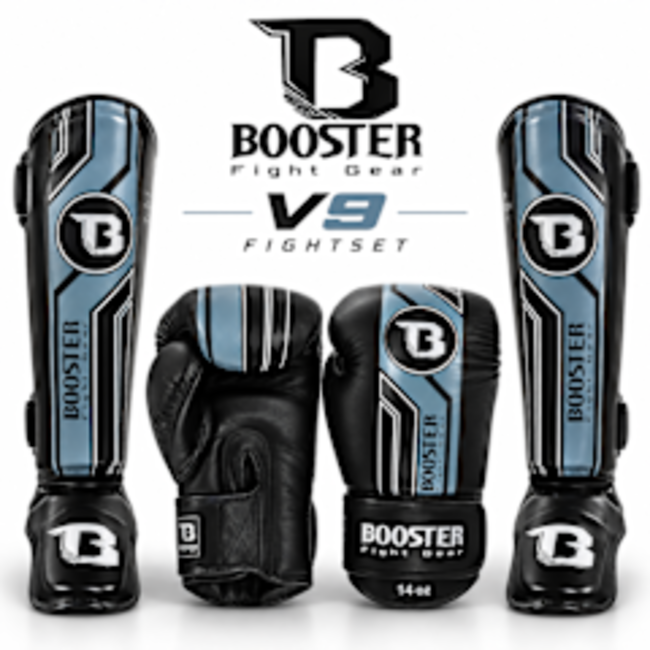Booster Fightgear V9 Kickboksset Zwart/Grijs – Bokshandschoenen & Scheenbeschermers