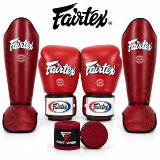 FAIRTEX Fightset Rood – BGV1 Bokshandschoenen + SP5 Scheenbeschermers + Bandages