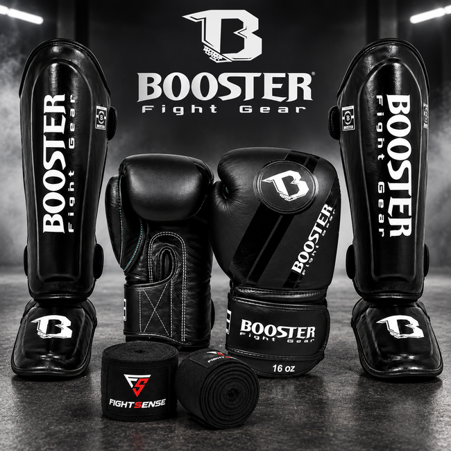 Booster V3 Fightset Zwart - Bokshandschoenen ,Scheenbeschermers +Bandages