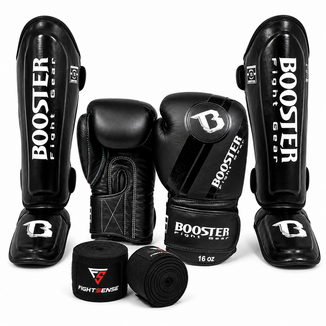 Booster V3 Fightset Zwart - Bokshandschoenen ,Scheenbeschermers +Bandages