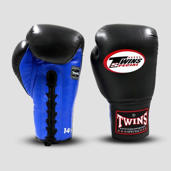 Twins Special BGLL1 – Zwart/Blauw Bokshandschoenen met Veters van Echt Leer | Authentieke Thaise Kwaliteit