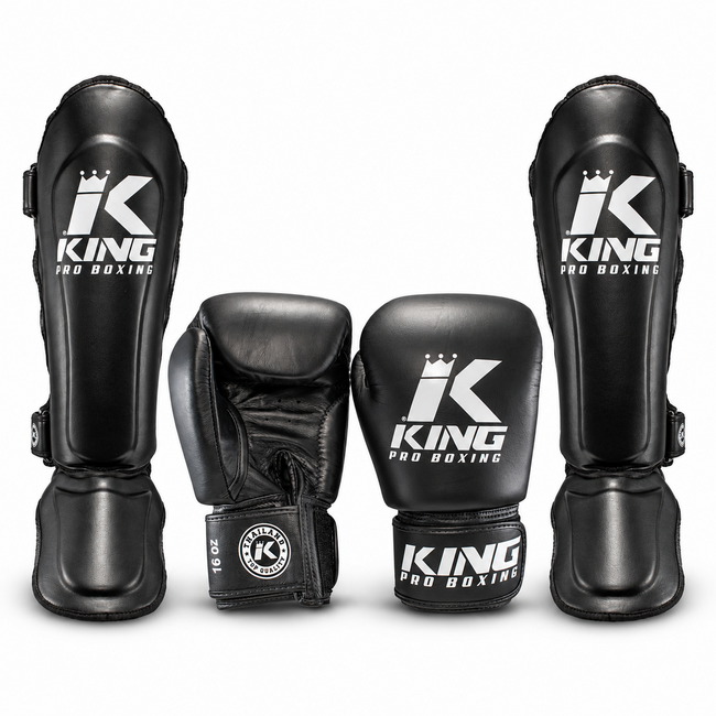 King Pro Boxing BGVL-3 + SGL-7 Fightset Zwart – Bokshandschoenen en Scheenbeschermers