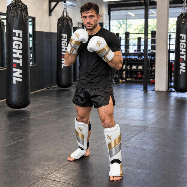 Hayabusa T3 Fightset Wit/Goud – Bokshandschoenen en Scheenbeschermers