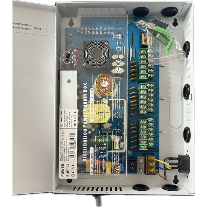 Voeding 12 volt 20A 18 voudig voor beveiligingscamera smal