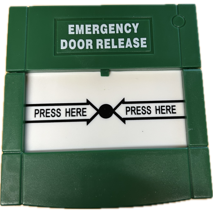 Door opener button Double pole button green with English text EMERGENCY DOOR RELEASE