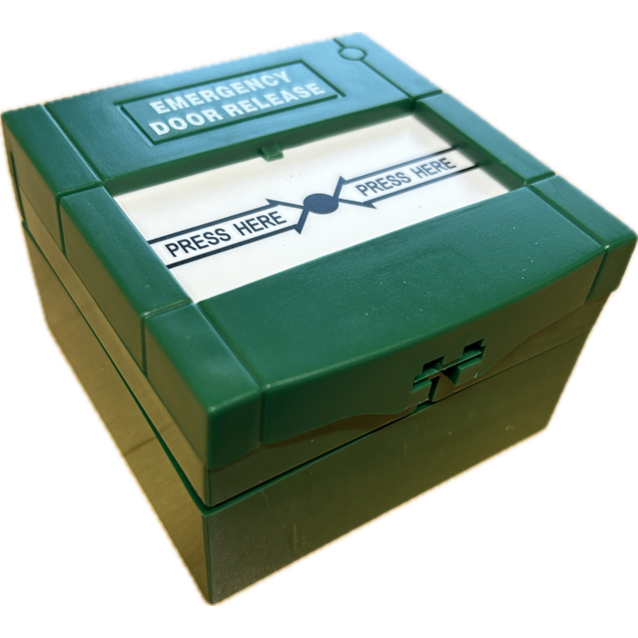 Door opener button Double pole button green with English text EMERGENCY DOOR RELEASE