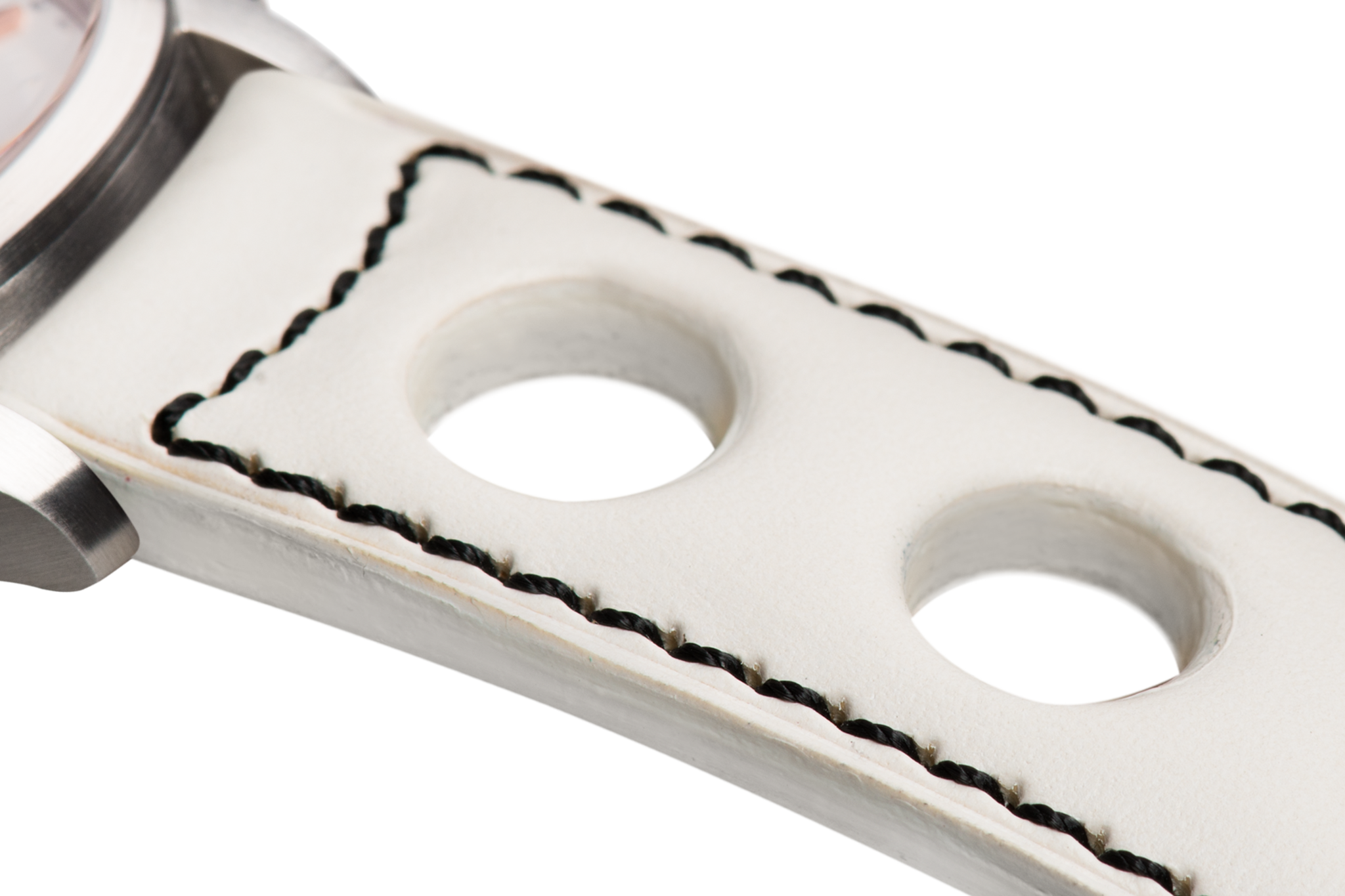 Bracelet aéré en cuir blanc surpiqué noir