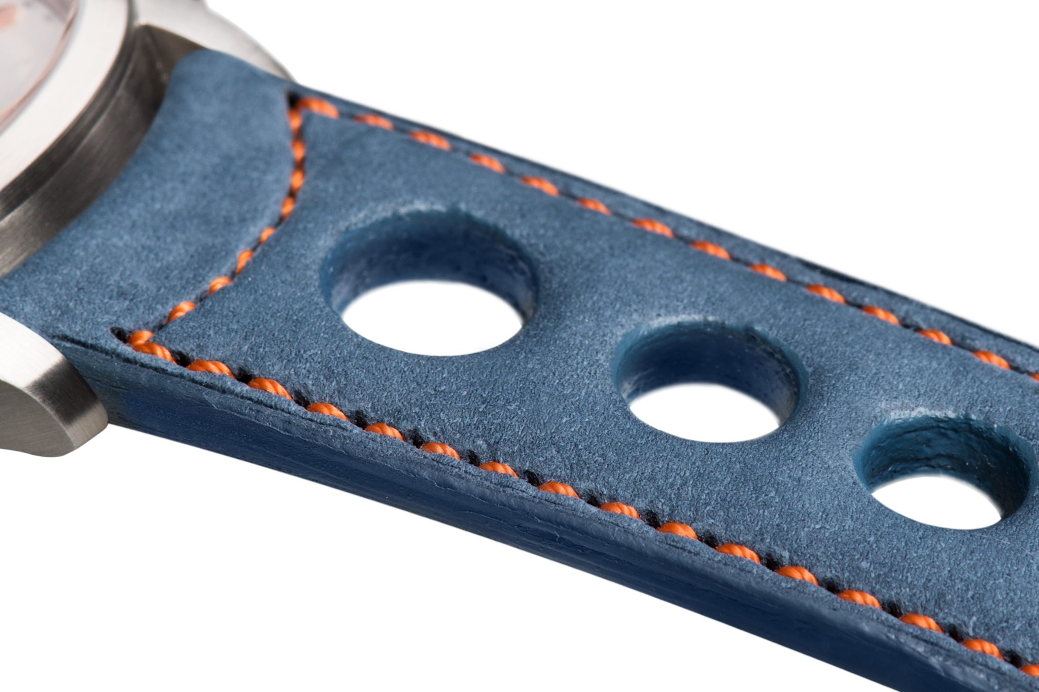 Bracelet aéré en nubuck bleu surpiqué orange