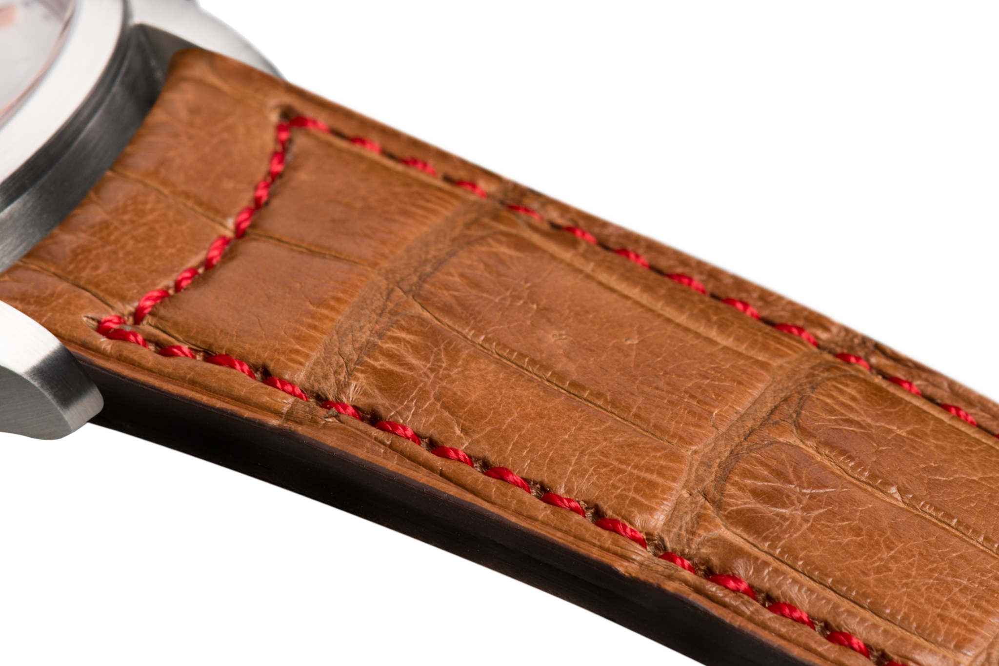 Bracelet plein en alligator doré surpiqué rouge