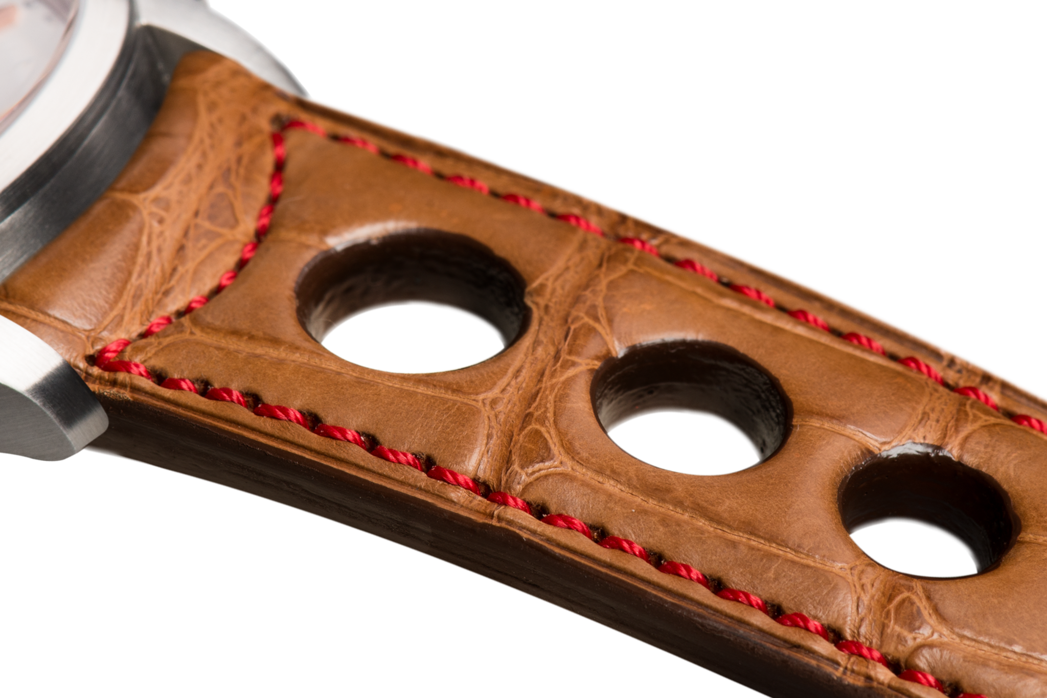 Bracelet aéré en alligator doré surpiqué rouge