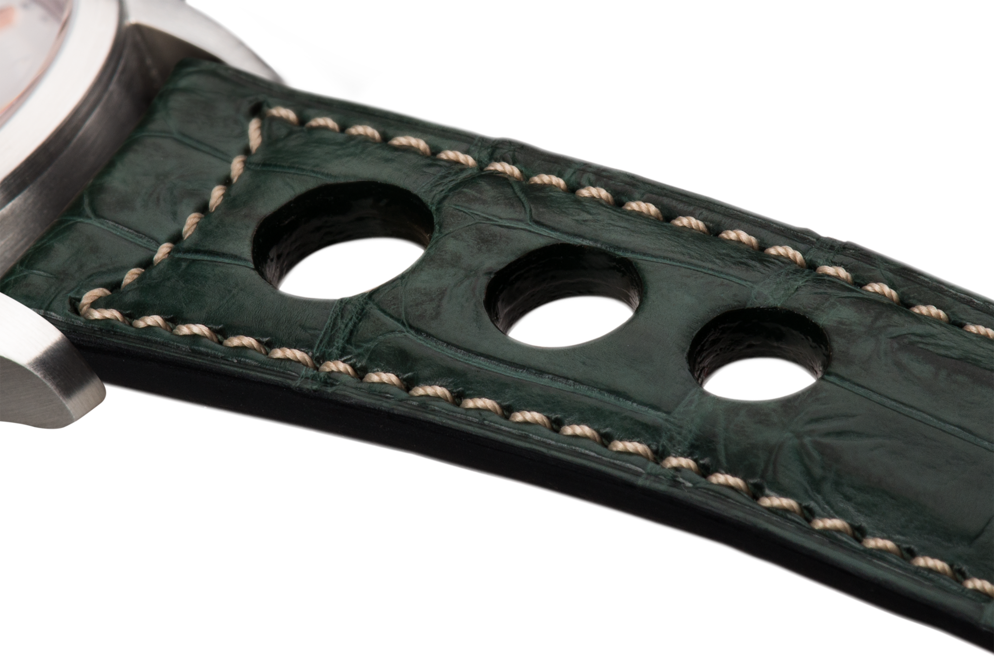 Bracelet aéré en alligator vert foncé surpiqué écru