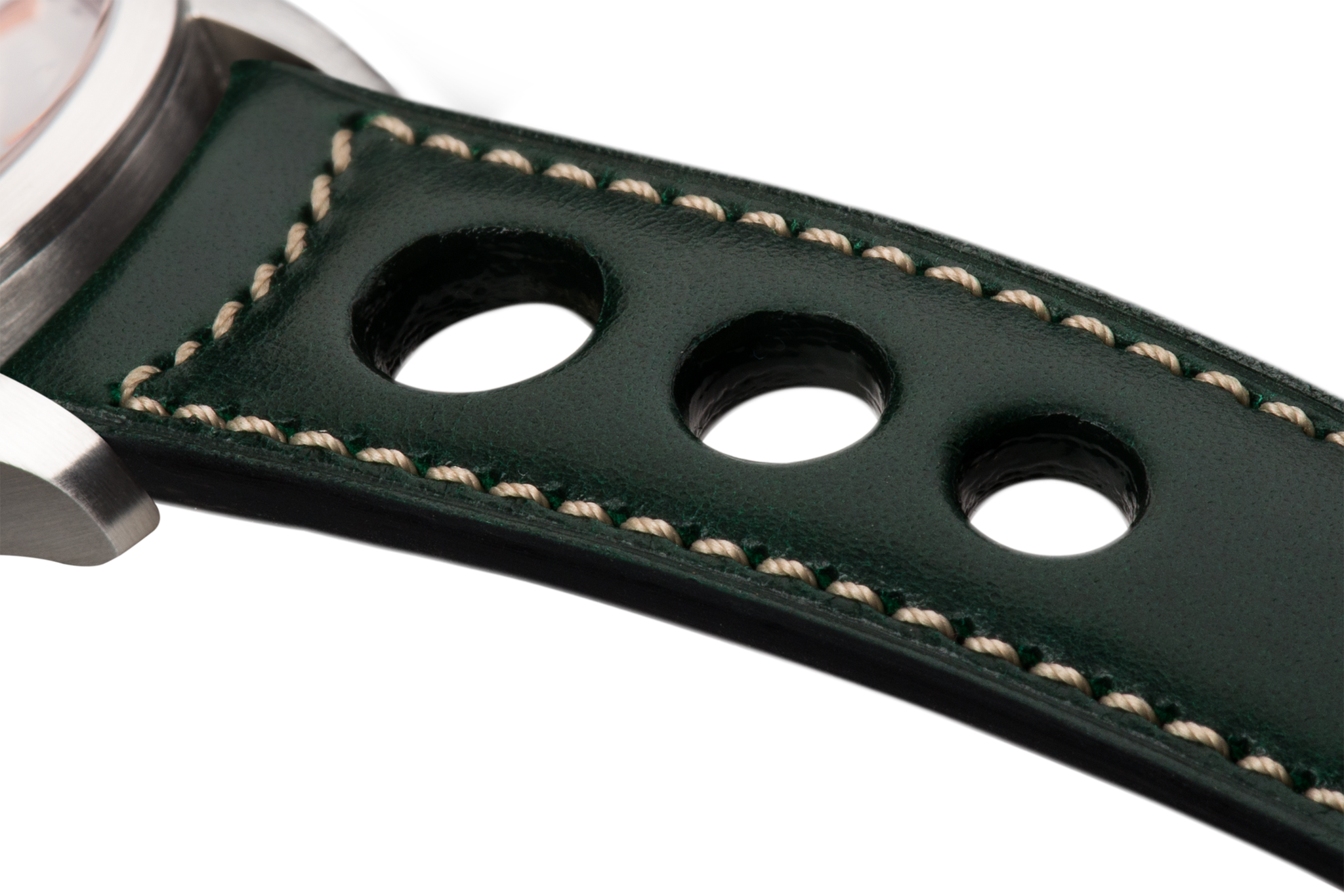 Bracelet aéré en cuir vert foncé surpiqué écru