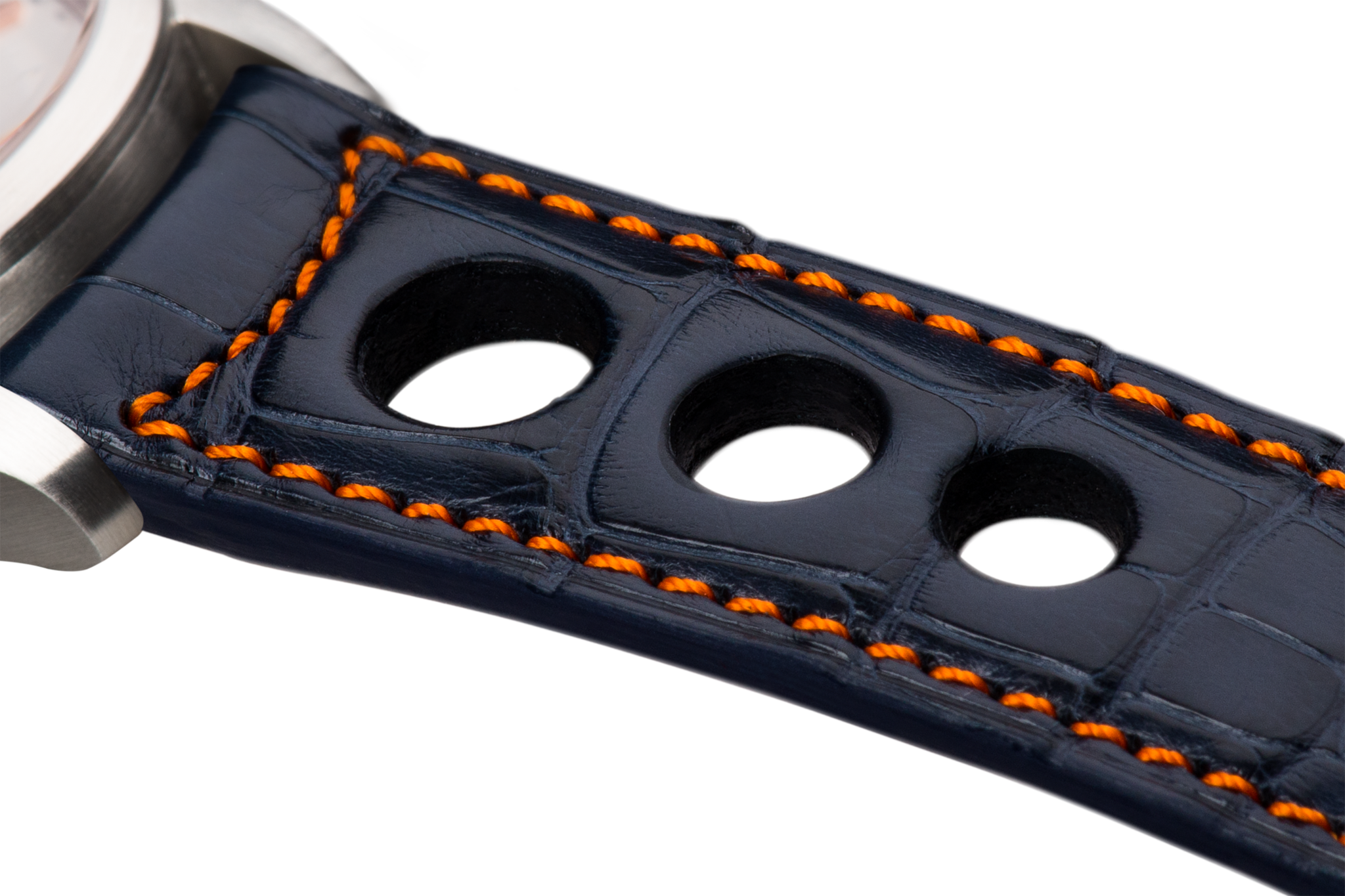 Bracelet aéré en alligator bleu foncé surpiqué orange