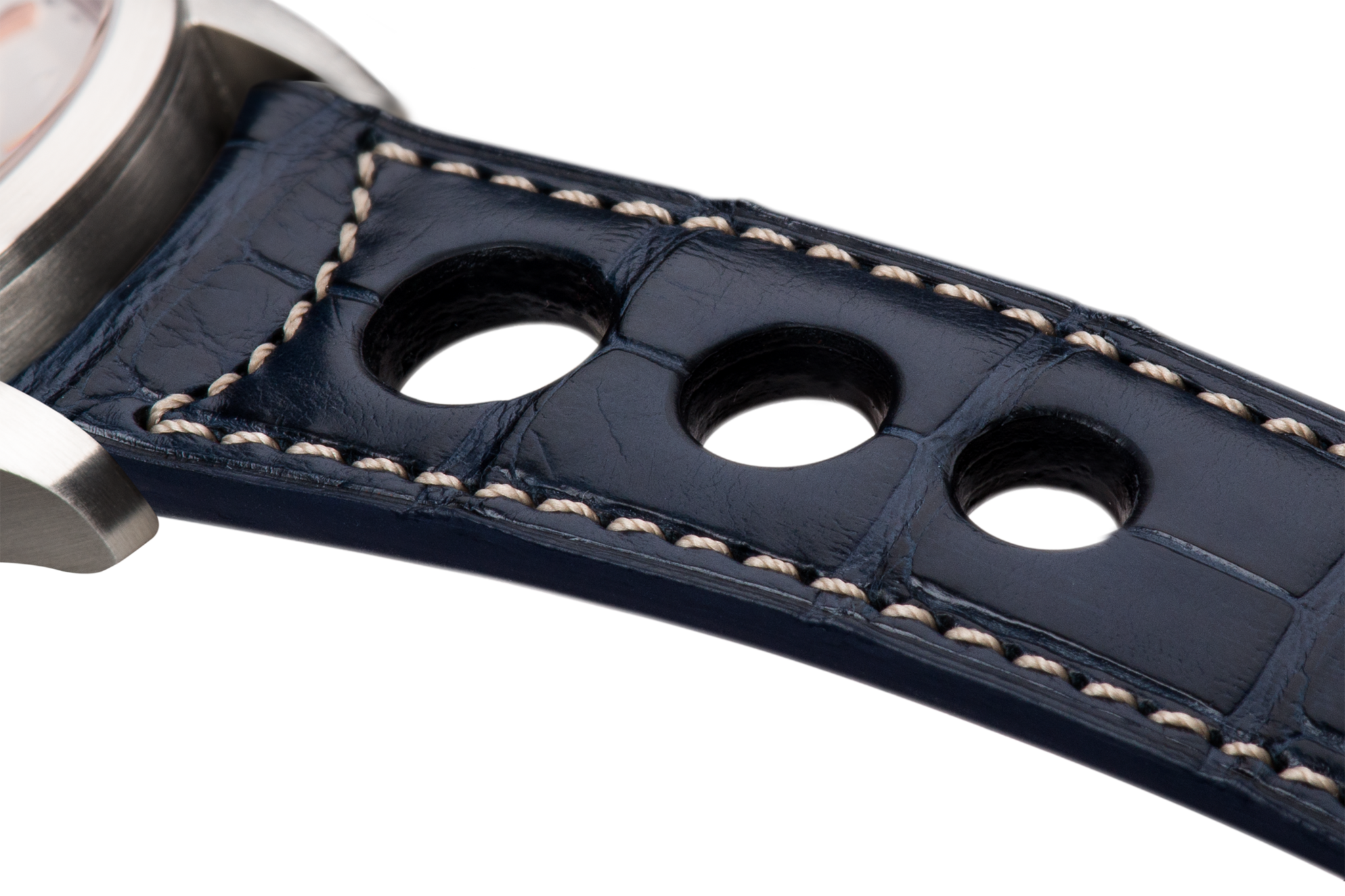 Bracelet aéré en alligator bleu foncé surpiqué écru