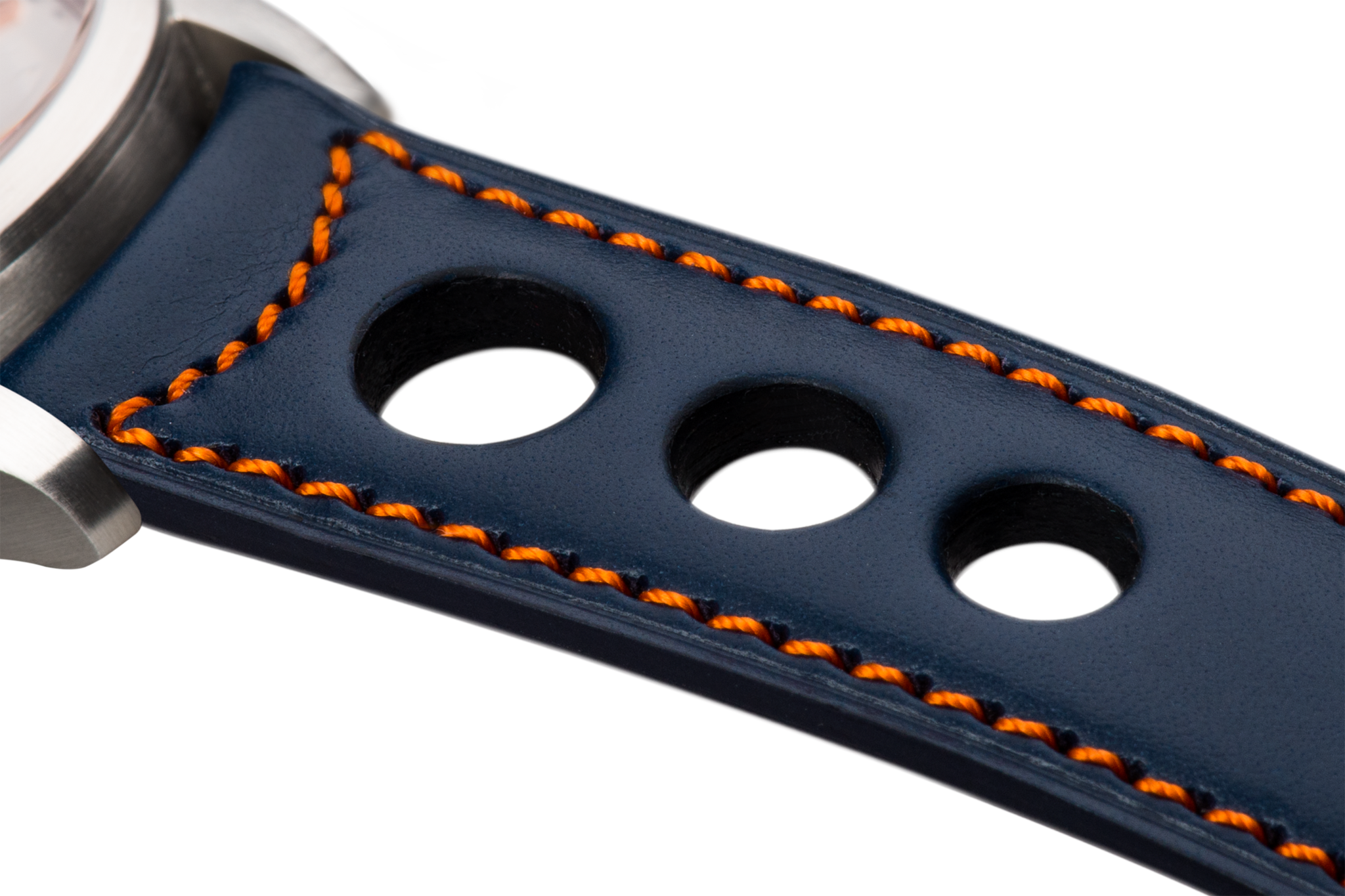 Bracelet aéré en cuir bleu surpiqué orange