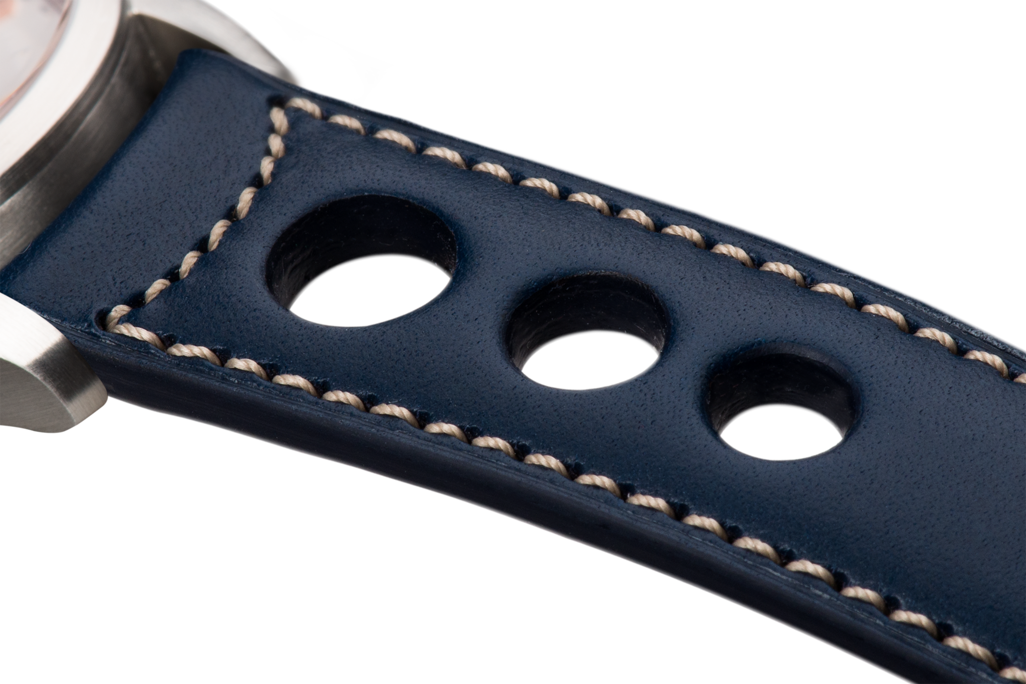 Bracelet aéré en cuir bleu surpiqué écru