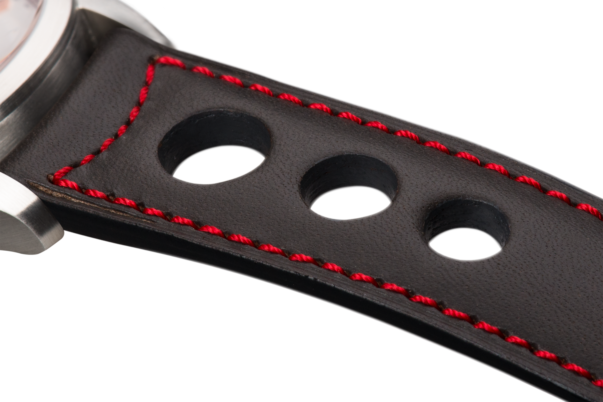 Bracelet aéré en cuir gris surpiqué rouge