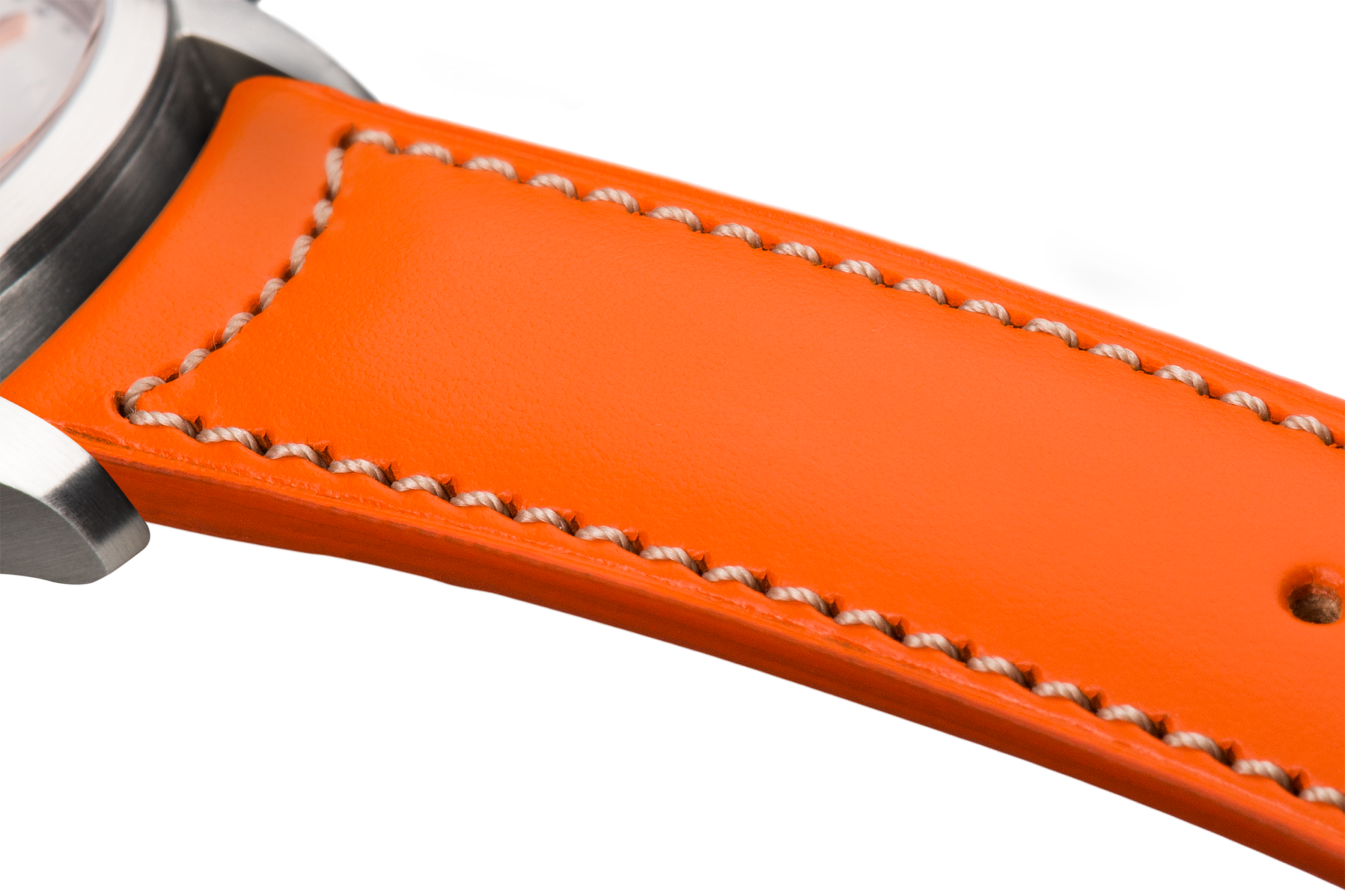 Bracelet plein en cuir orange surpiqué écru