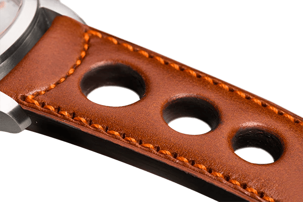 Bracelet aéré en cuir couleur camel surpiqué orange